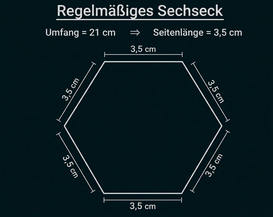 Regelmäßiges Sechseck mit Seitenlänge 3,5 cm und Umfang 21 cm.